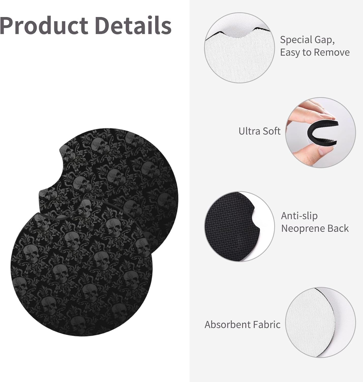 Gothic Black Skull Car Coasters,2 Pack Rubber Pad Universal Non-Slip Car Interior Cupholder Pad Accessories image 5