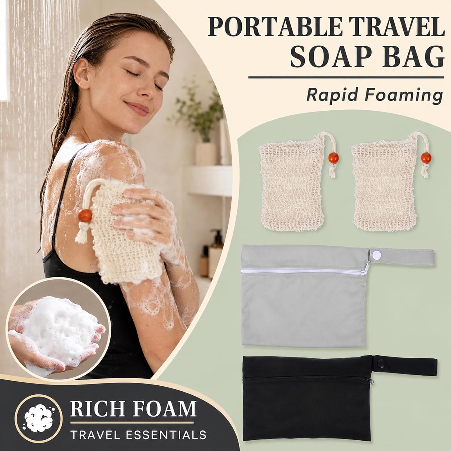 Travel Soap Bag, 2 Pcs Travel Soap Bar Case with 2 Pcs Foaming Net image 3