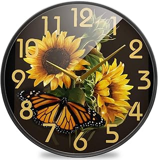 Naanle Beautiful Sunflower Butterfly Print Round Wall Clock, 9.5 Inch Silent Battery Operated Quartz Analog Quiet Desk Clock for Home,Office,School