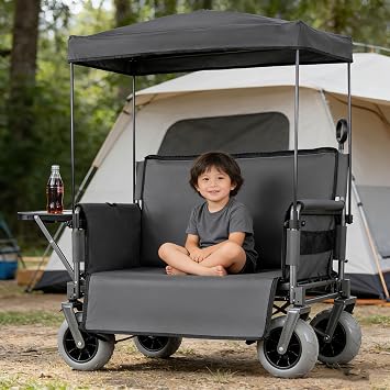 3-in-1 Collapsible Wagon Cart with Canopy, Heavy Duty 500LBS Folding Wagon Converts to Bench & Rear Tabletop, 180L Capacity Utility Wagon for Camping Beach Garden Fishing, All-Terrain Wheel Gray