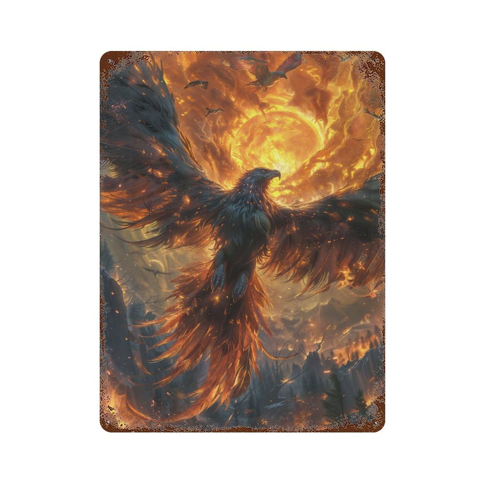 Phoenix And Sun Decorative Tin Sign 15.7"x11.8", for Bistro, Counter And Cafe Decor, Retro Wall Decor