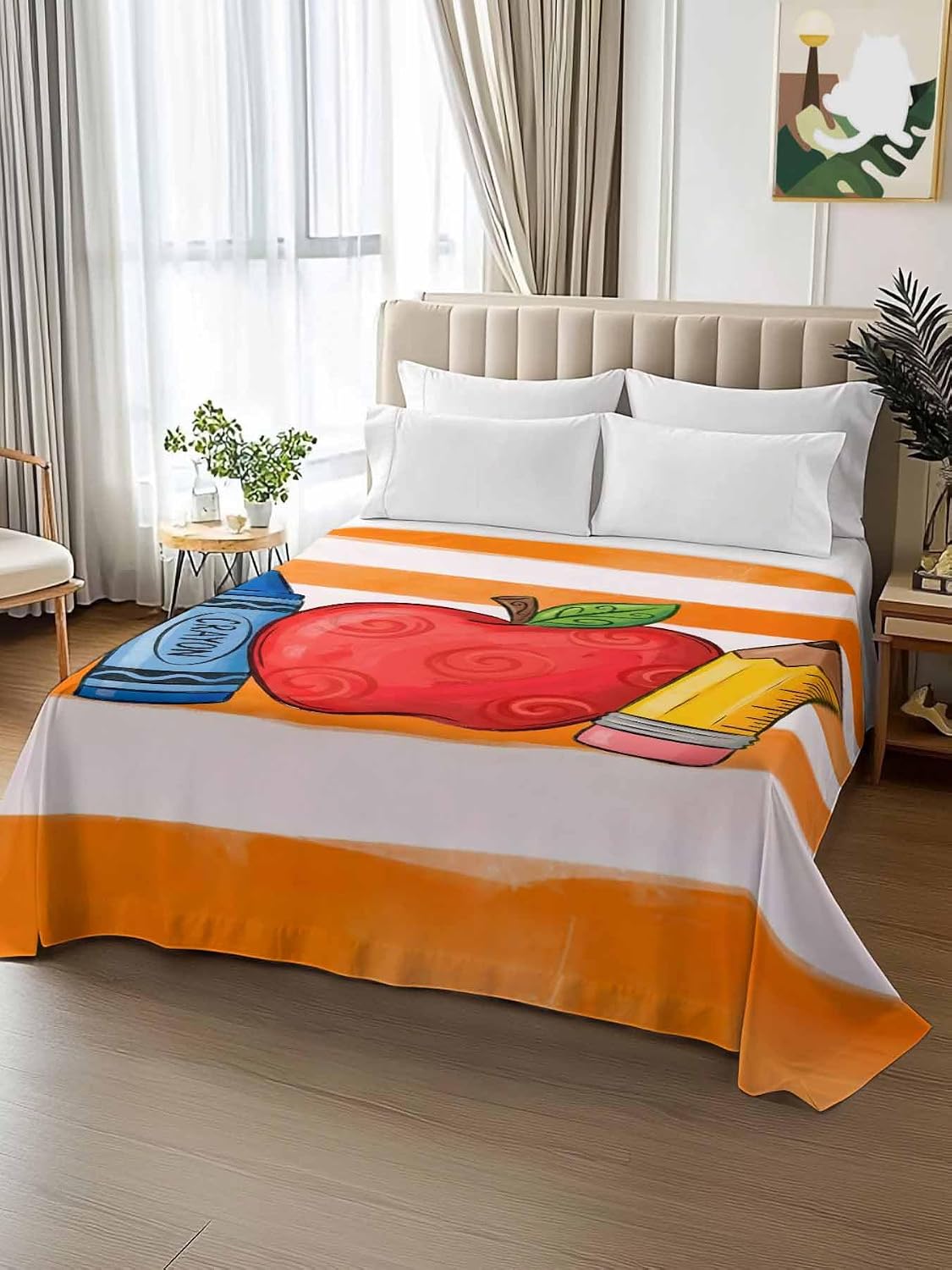 Full Flat Sheet, Children's Day Full Bed Sheets Only, Soft Microfiber Flat Sheet, Funny Cartoon Pencil Orange Striped Hotel Quality Bedding Top Sheet Bedroom Home Dorm Decor