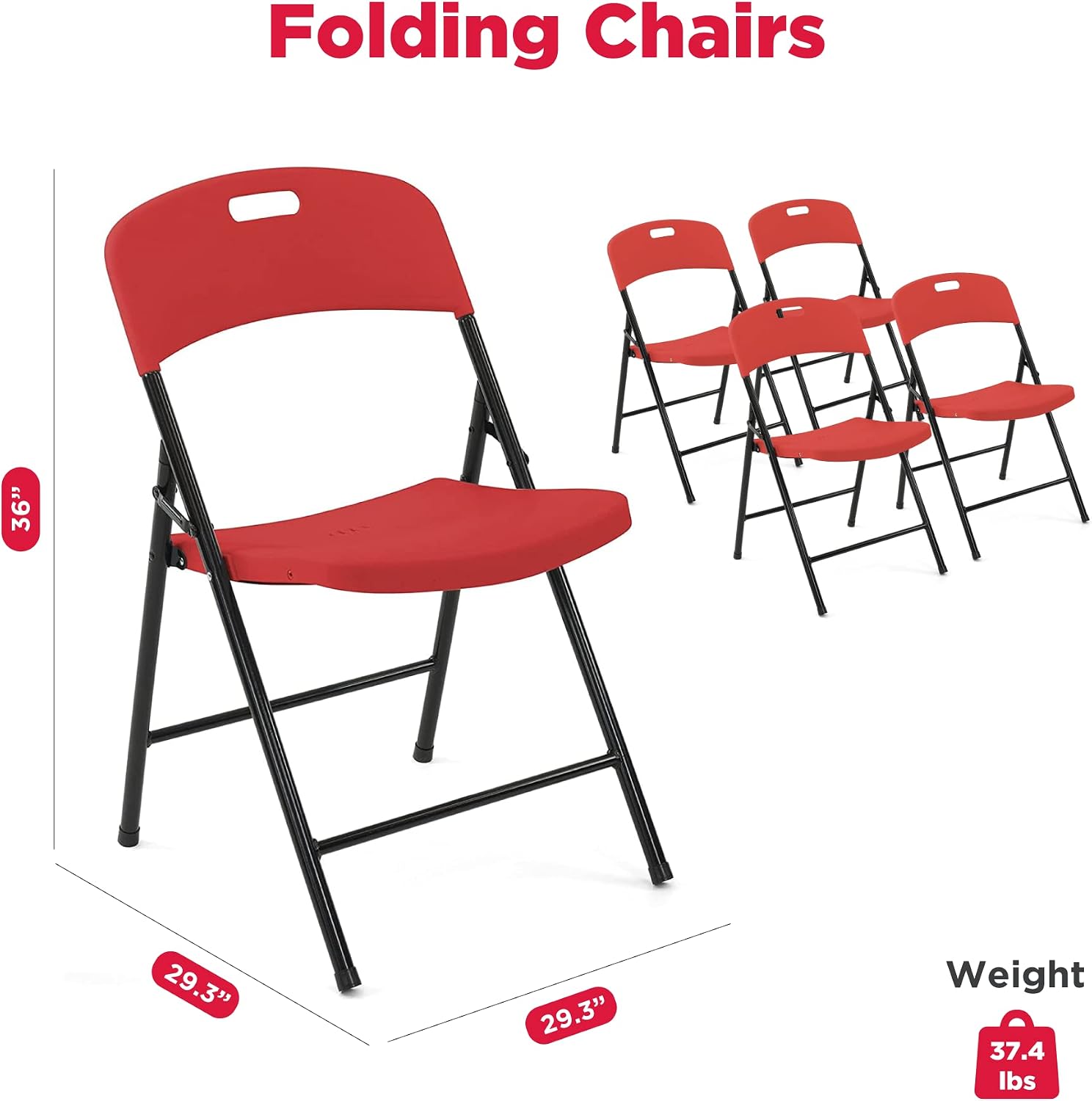 Creative Outdoor 4 Portable Plastic Folding Chairs, Sturdy Design, Indoor/Outdoor Events, Perfect Foldable Chairs for Camping/Picnic/Tailgating/Party (Red Set of 4 Chairs)