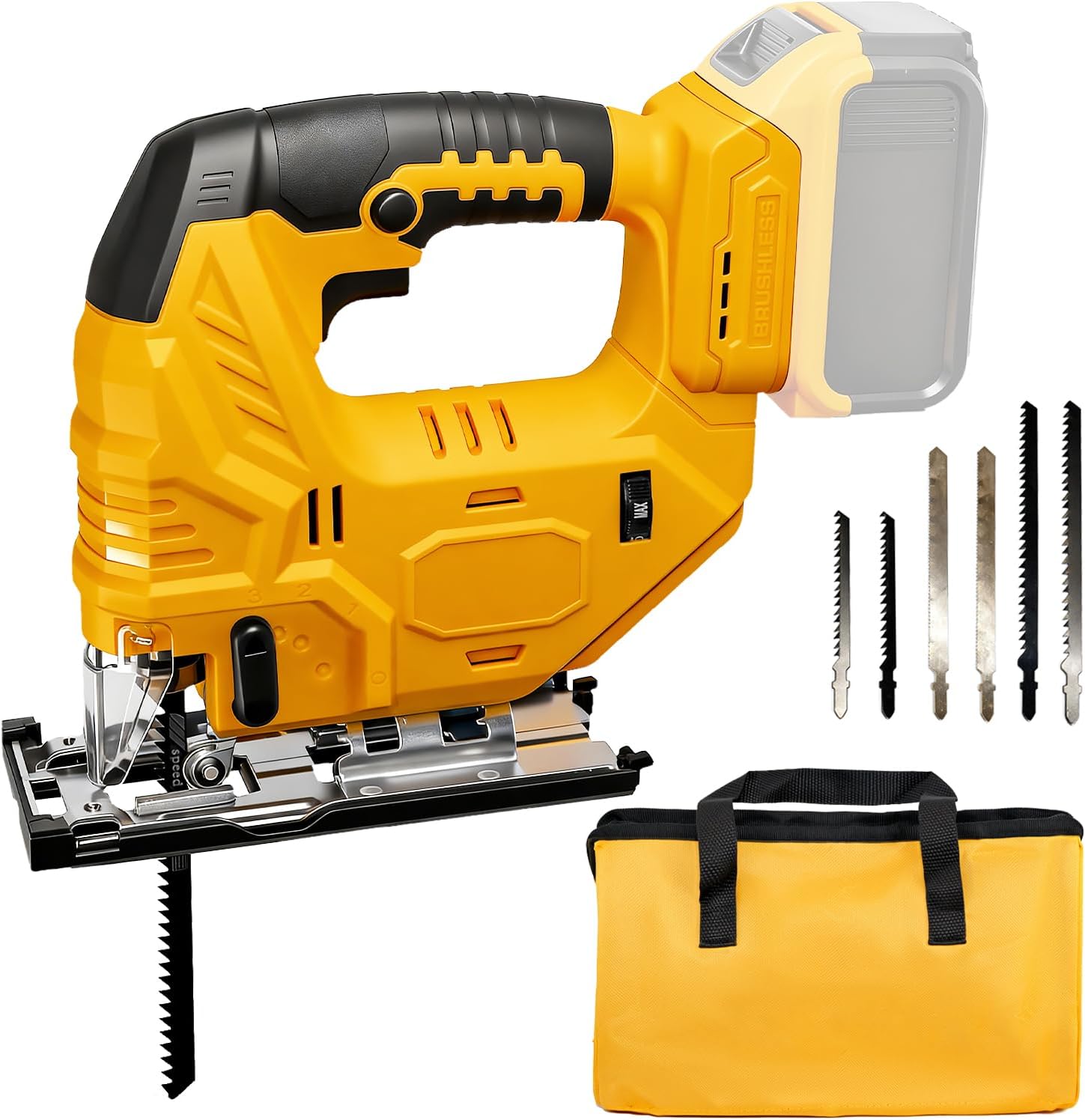 Brushless Jig Saw Compatible with Dewalt 20V Battery(No Battery), Cordless Jigsaw with Tool Bag,Variable Speed, 45°Bevel Cutting, 4 Orbital Actions, Jigsaw Blades for Straight, Curved, Circular Cuts