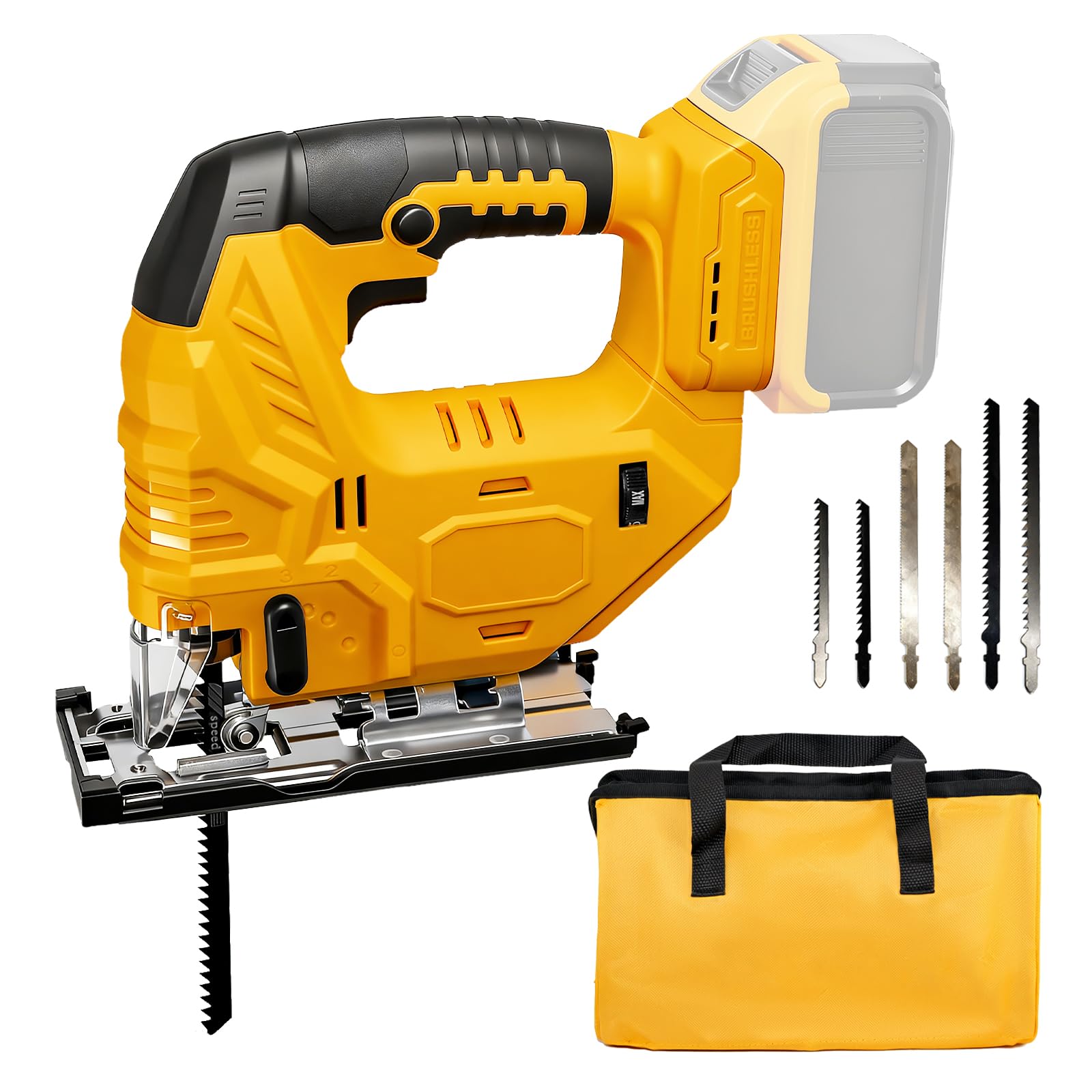 Sierra caladora compatible con batería Dewalt de 20 V (sin batería), sin escobillas, sin escobillas, con bolsa de herramientas, velocidad variable, corte biselado de 45°, 4 acciones orbitales