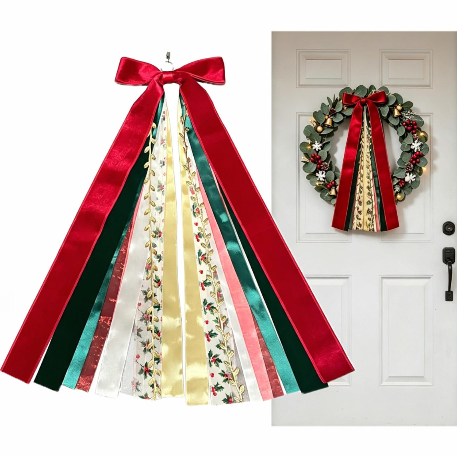 Dream Loom Christmas Assorted Ribbon Bow for Wreath, 1Pcs Large Xmas Clip-On Wreaths Ribbon Bundle Decorative Wreath Sash for Front Door Wall Window Indoor Outdoor
