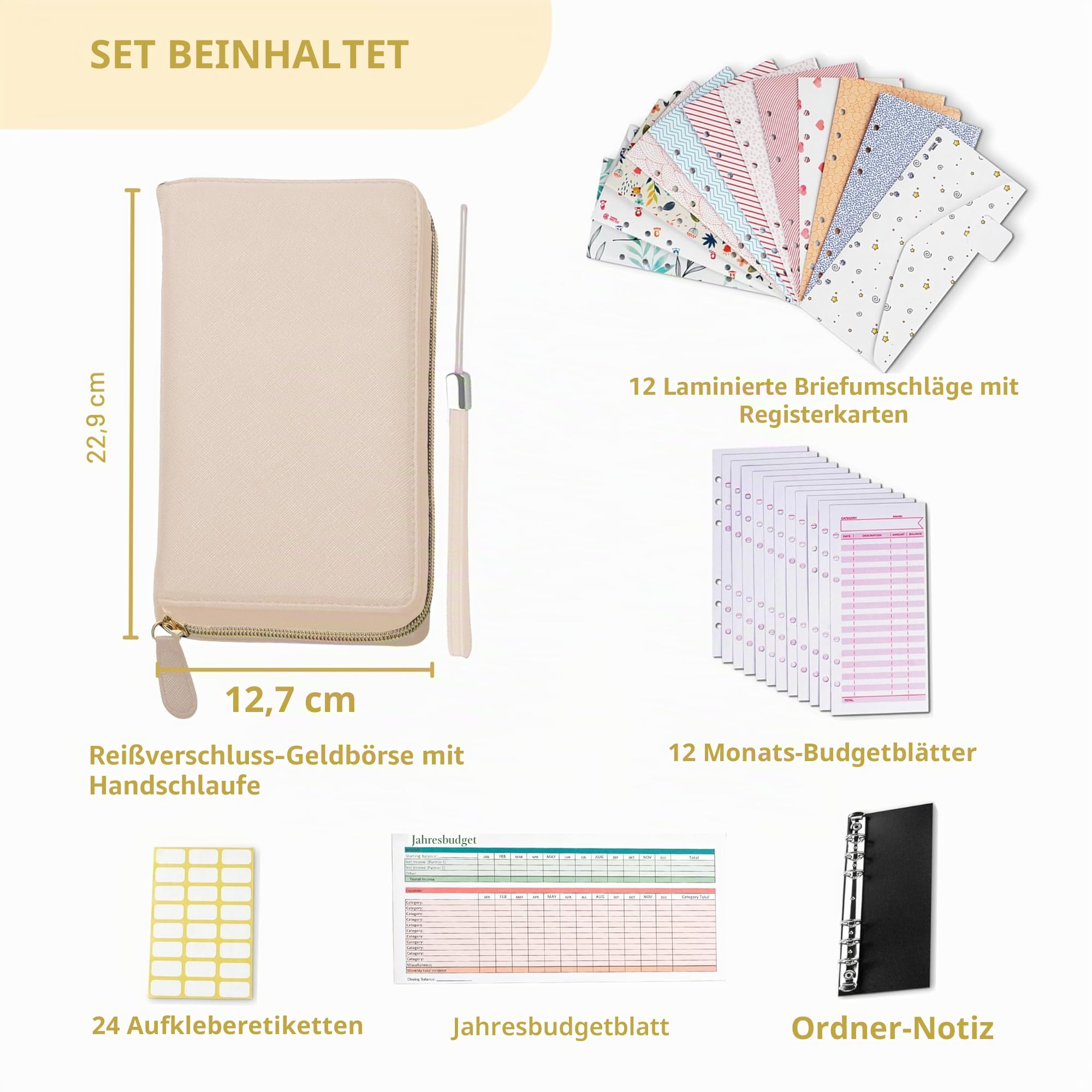 Budget-Geldbörse mit RFID-Schutz, 12 Registerkarten-Umschlägen, 12 Monatsbudgetkarten, 1 Jahresbudgetplaner, Beige