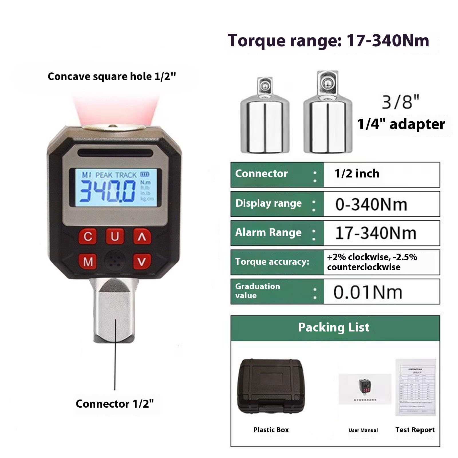 Strumento di misurazione della coppia digitale, display LCD, tracciamento, 340 Nm, capacità massima, kit di conversione, misuratore di coppia digitale, LCD