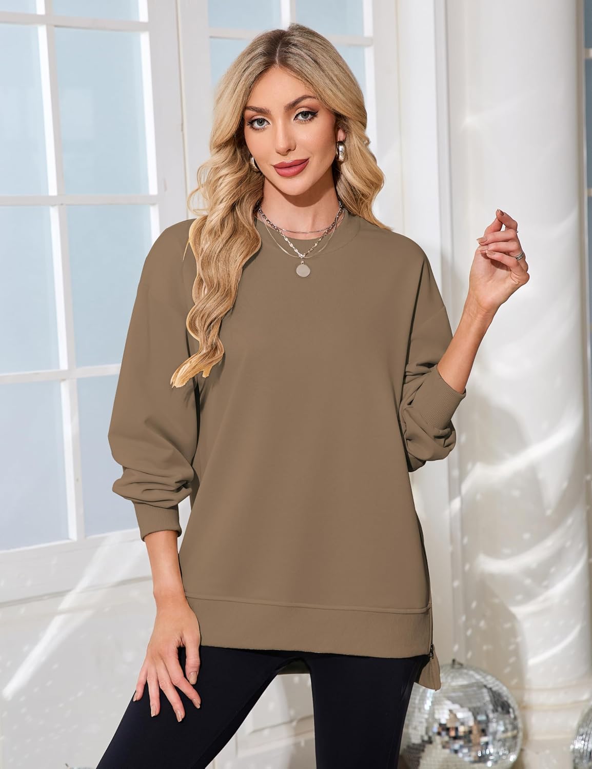 Women's Sweatshirt Long Sleeve Oversized Pullover Hoodies Fall Clothes with Zipper Slit, S-XL - Image 4