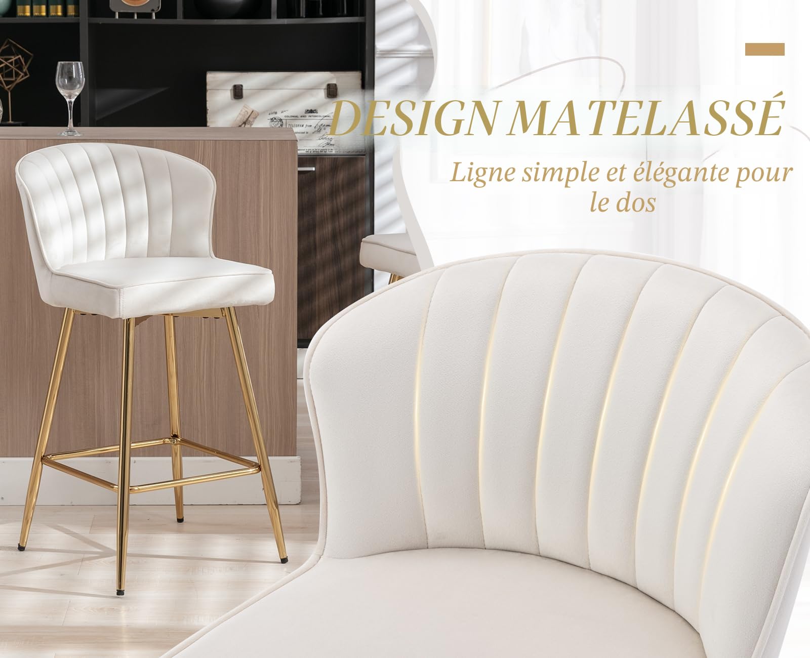 Chairus Tabourets de Bar en Velours - Lot de 2 Chaises de Comptoir et Cuisine avec Cadre en Métal (Beige)