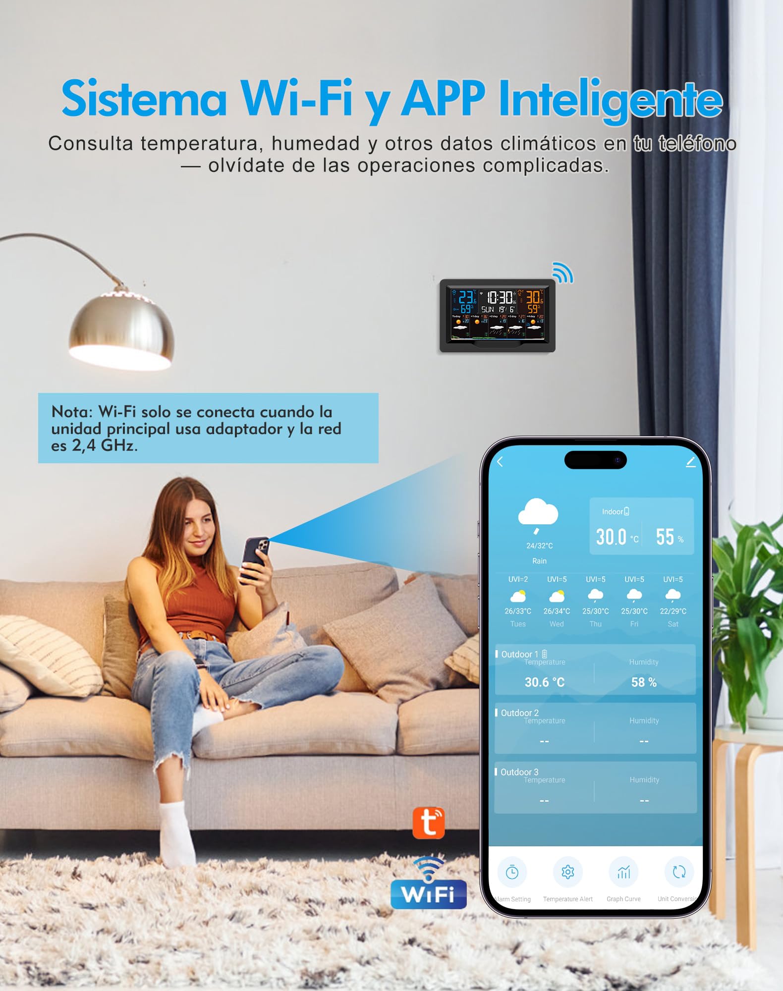 Estación Meteorológica Inalámbrica con Sensor Exterior, WIFI Estación Meteorológica Digital con Termómetro, Higrómetro Interior/Exterior, Pronóstico del Tiempo, Alarma del Temperatura Max/Min