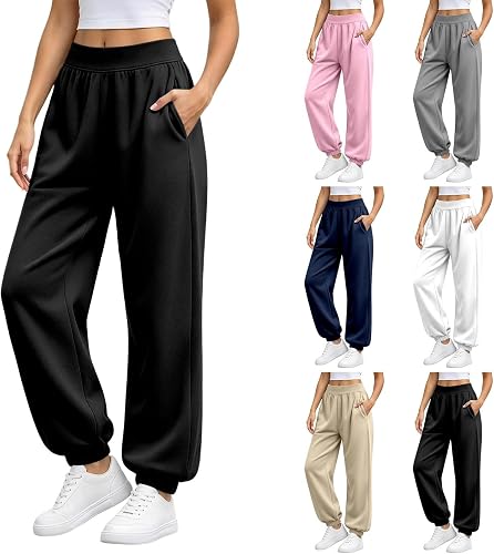 Jogger Sweatpants Women Baggy Elastic Cuff High Waist Casual Sweat Pants | Jogger Sweatpants, High Waist Elastic Cuff Loose Trousers with Pockets, Casual Athletic Workout Pants for Daily Wear