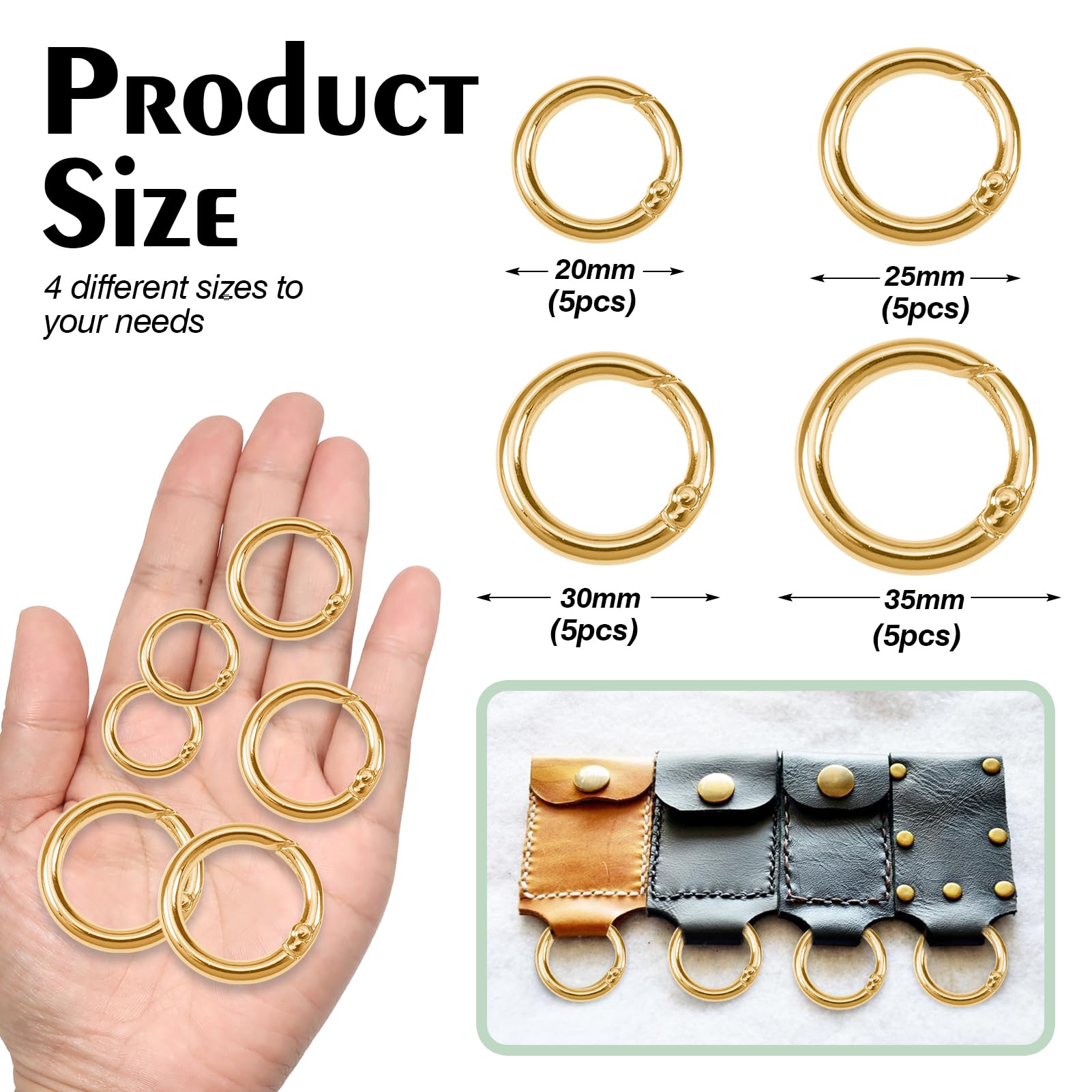 TOAOB Pack of 20 Carabiner Rings, Zinc Alloy, Gold, 20/25/30/35 mm, 20 Pieces - Image 2