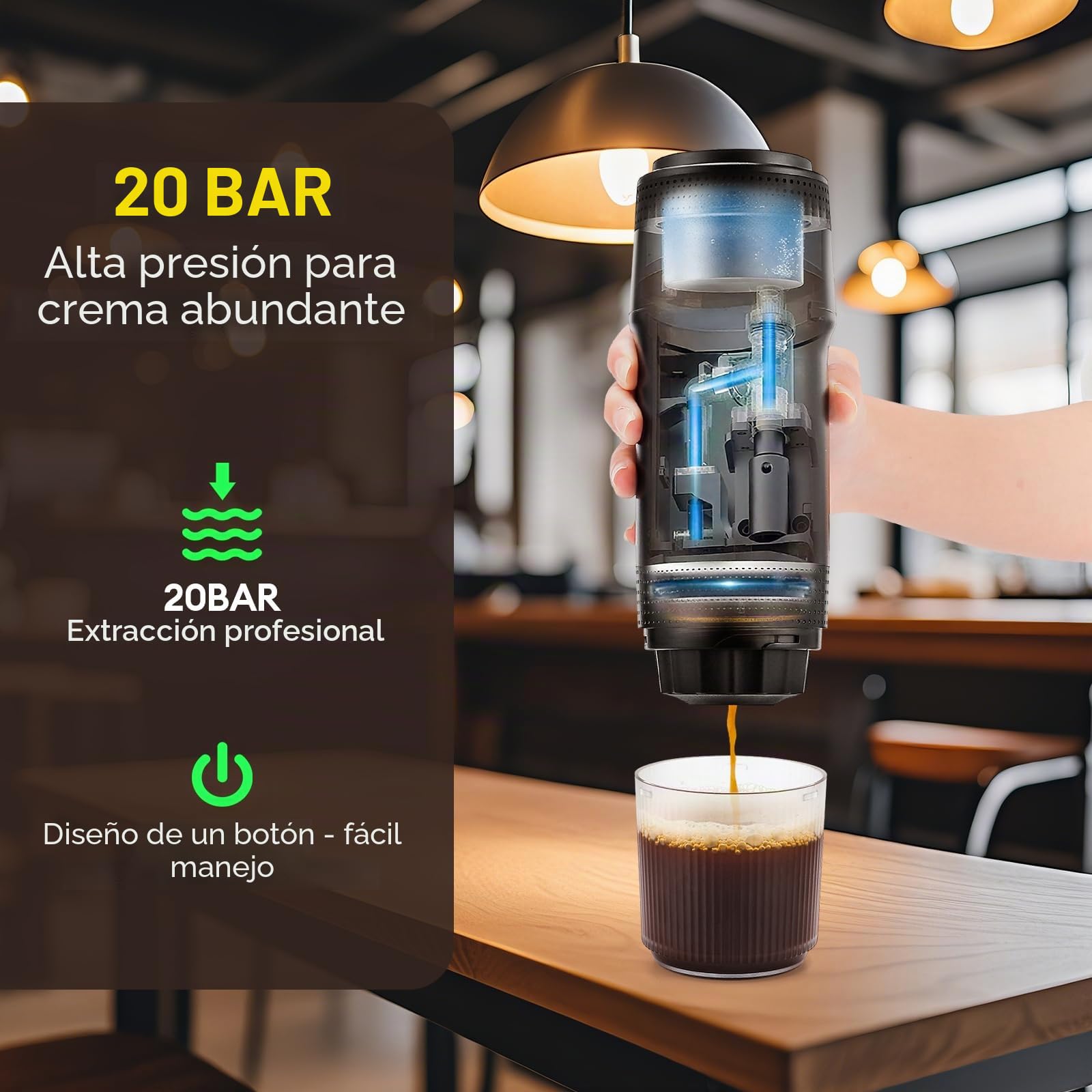 Máquina de café espresso portátil, 20 bares, 3 en 1, autocalentada, compatible con café molido y cápsulas, para senderismo, oficina y autocaravana
