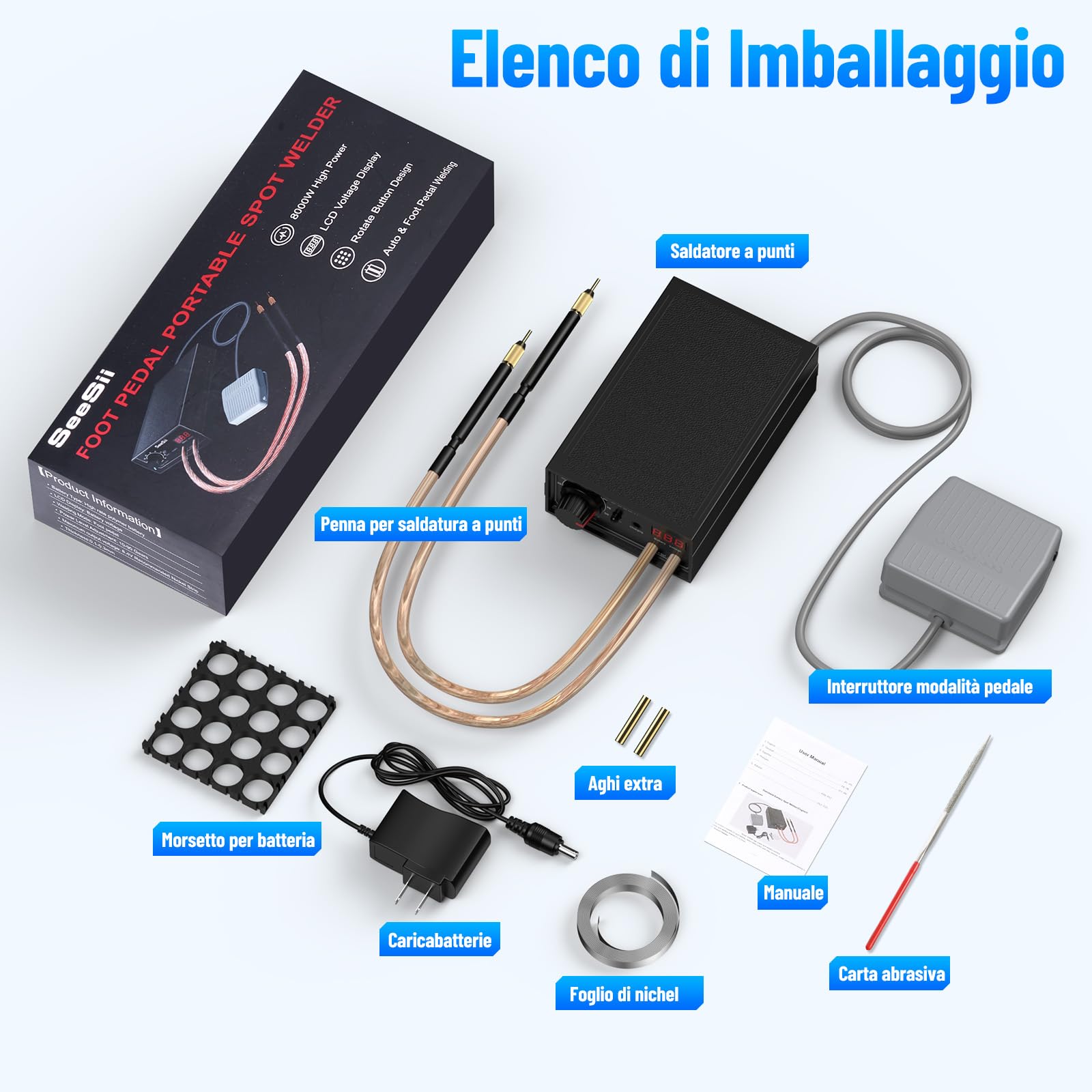 SEESII Saldatore a Punti a Doppio Impulso per Batterie: Saldatrice Senza fili 9600mAh con Indicatore Tensione in Tempo Reale, Livelli Regolabili, per Riparazione e Montaggio di Pacchi Batteria