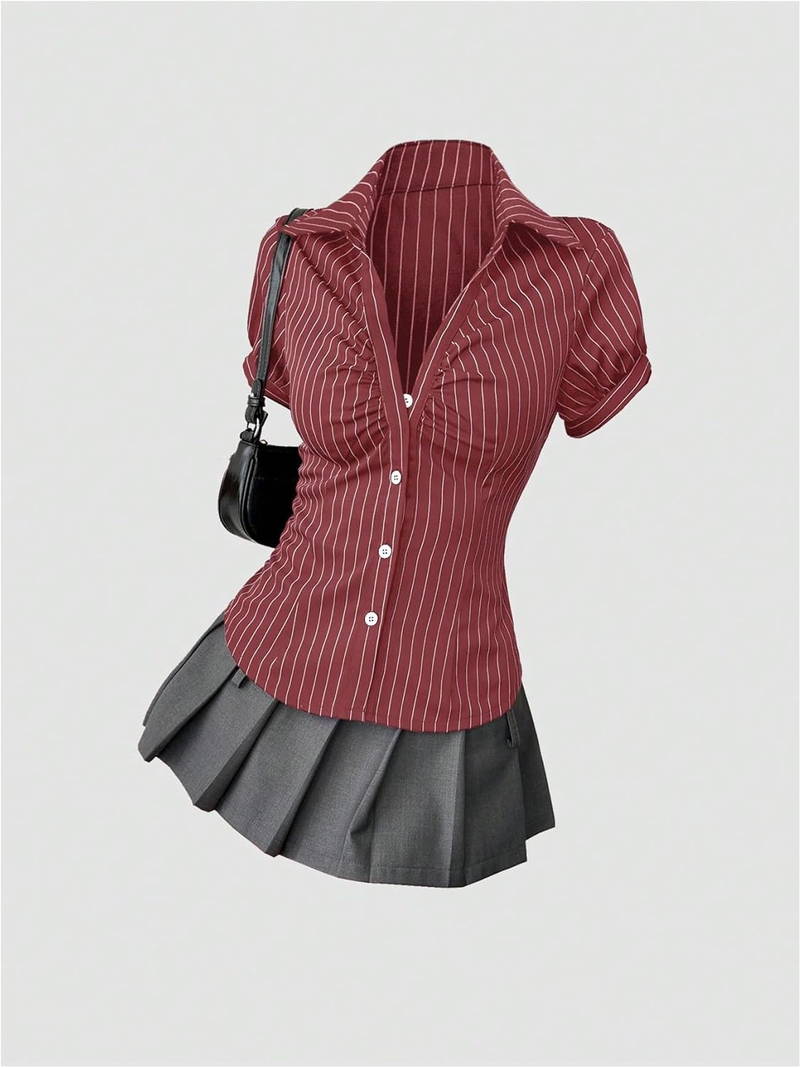 SweatyRocks Women's Striped Button Down Shirt Ruched Short Sleeve Fitted Work Business Blouses - Image 3