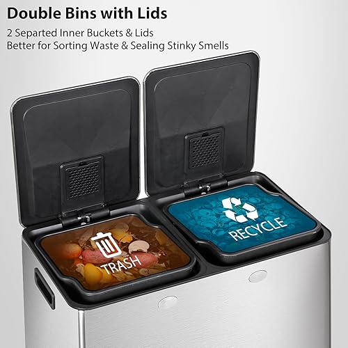 Miniatura 3 de F2C Cubo de basura doble de 16 galones (60 litros), acero inoxidable con tapas, pedales de pie y cubos interiores, contenedores rectangulares de