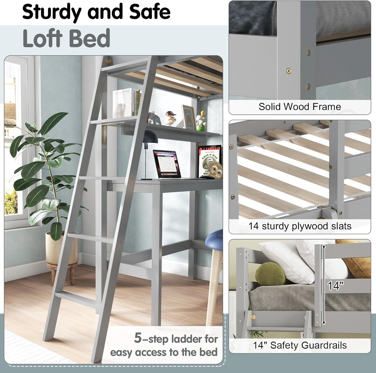 KOTEK Twin Loft Bed with Desk & Storage Shelves, Solid Wood Loft Bed Frame with Bookcase, Ladder, Guardrails, Twin Size Loft Bed for Kids, Teens, Drom, Apartment (Grey)