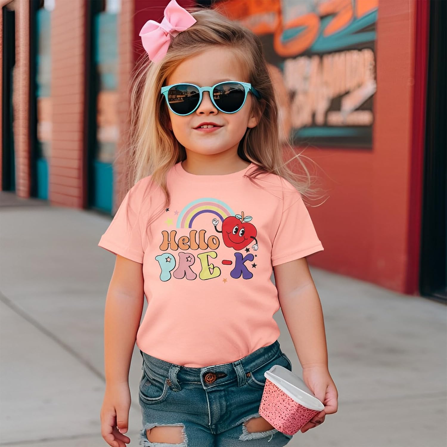 GLIGLITTR Hello Pre K Shirts for Toddler Girls First Day of Pre-K T-Shirt Apple Rainbow Back to School Outfit School Tee Tops