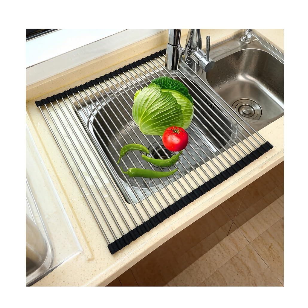 Escurridor de platos enrollable, escurridor multifuncional para tazones, escurridor de platos sobre el fregadero, escurridor de acero inoxidable plegable y extraíble para tazas, frutas y verduras.