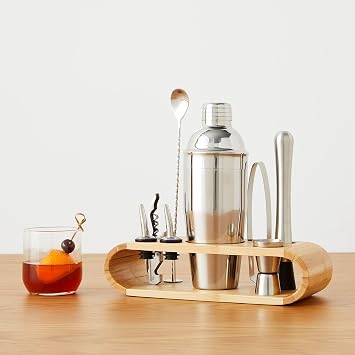 Amazon Basics 10-Piece Stainless Steel Cocktail Shaker Bar Tool Set with Bamboo Stand Holder, Home Bar Drink Mixing Accessories, Housewarming Gift