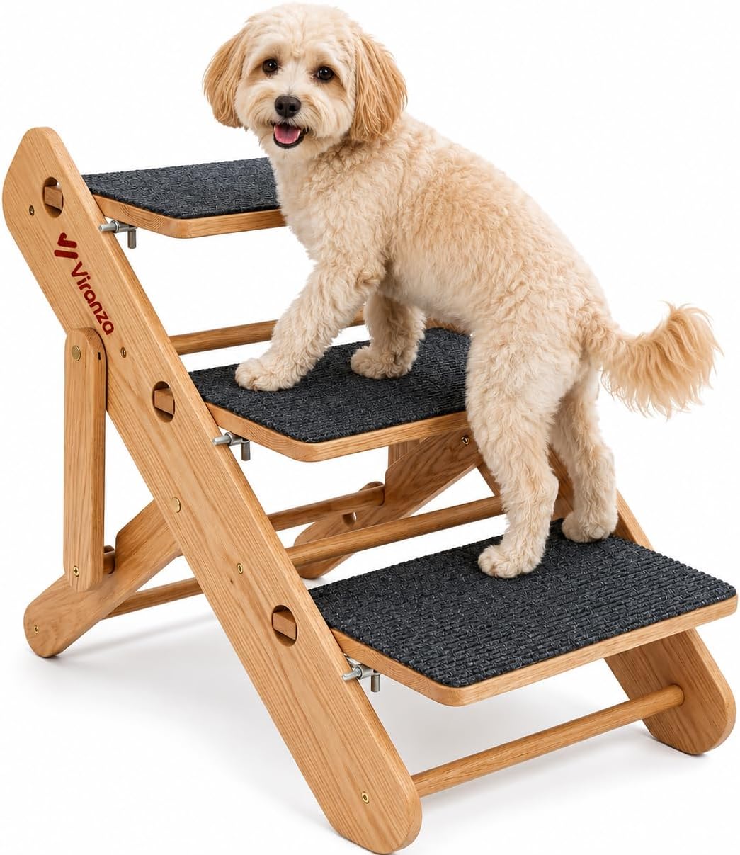 2-in-1 Dog Stairs for Small Dogs Wooden Dog Ramp for Bed |3-Step Pet Stairs | Dog Stairs for Bed, Couch & Car, Foldable Pet Steps with Non-Slip Design for Extra Small & Small Dogs and Cats