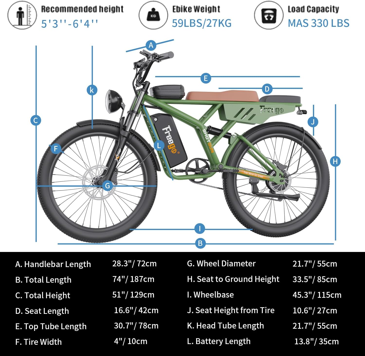 Freego F4 Electric Bike dimensions and recommended height