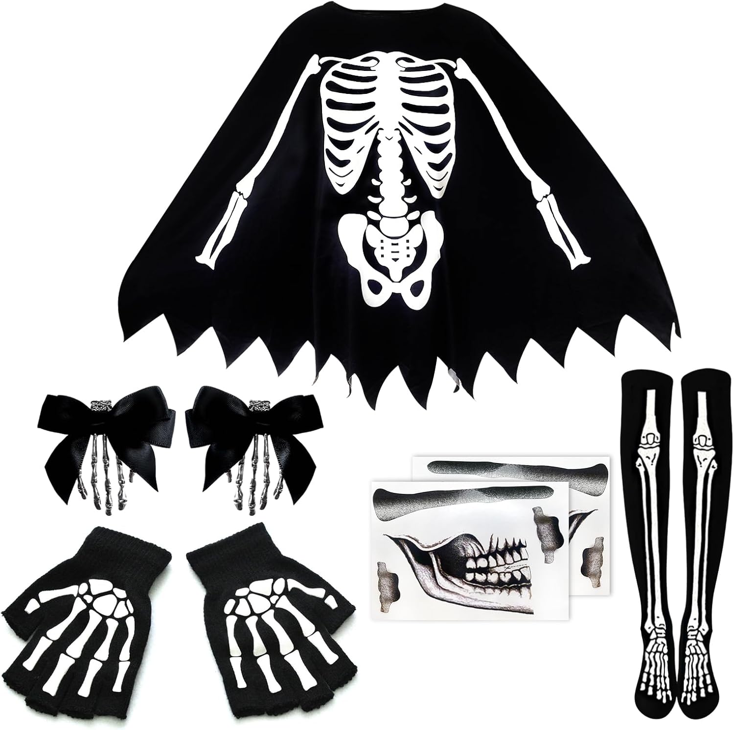 FINASKASU Halloween Skeleton Costume Set, Adult Poncho with Stockings Headwears Skeleton gloves and stickers for Women - Image 2