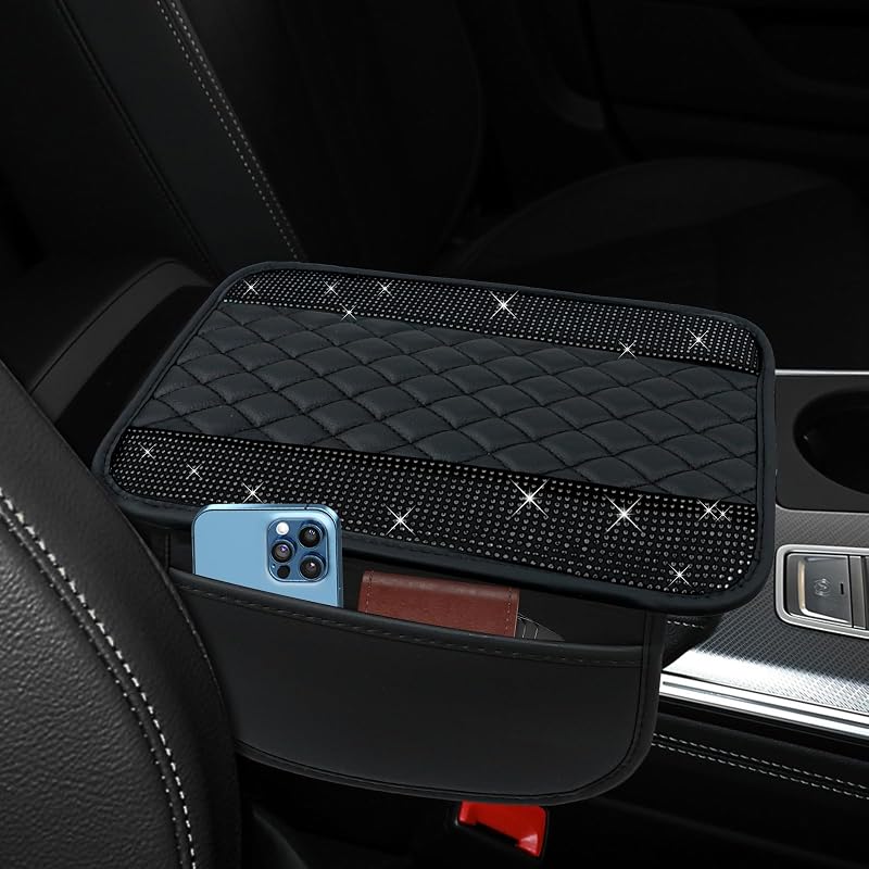 Capa de couro para apoio de braço do console central ongfuwu com strass e bolsos laterais – Preta, 1 unidade