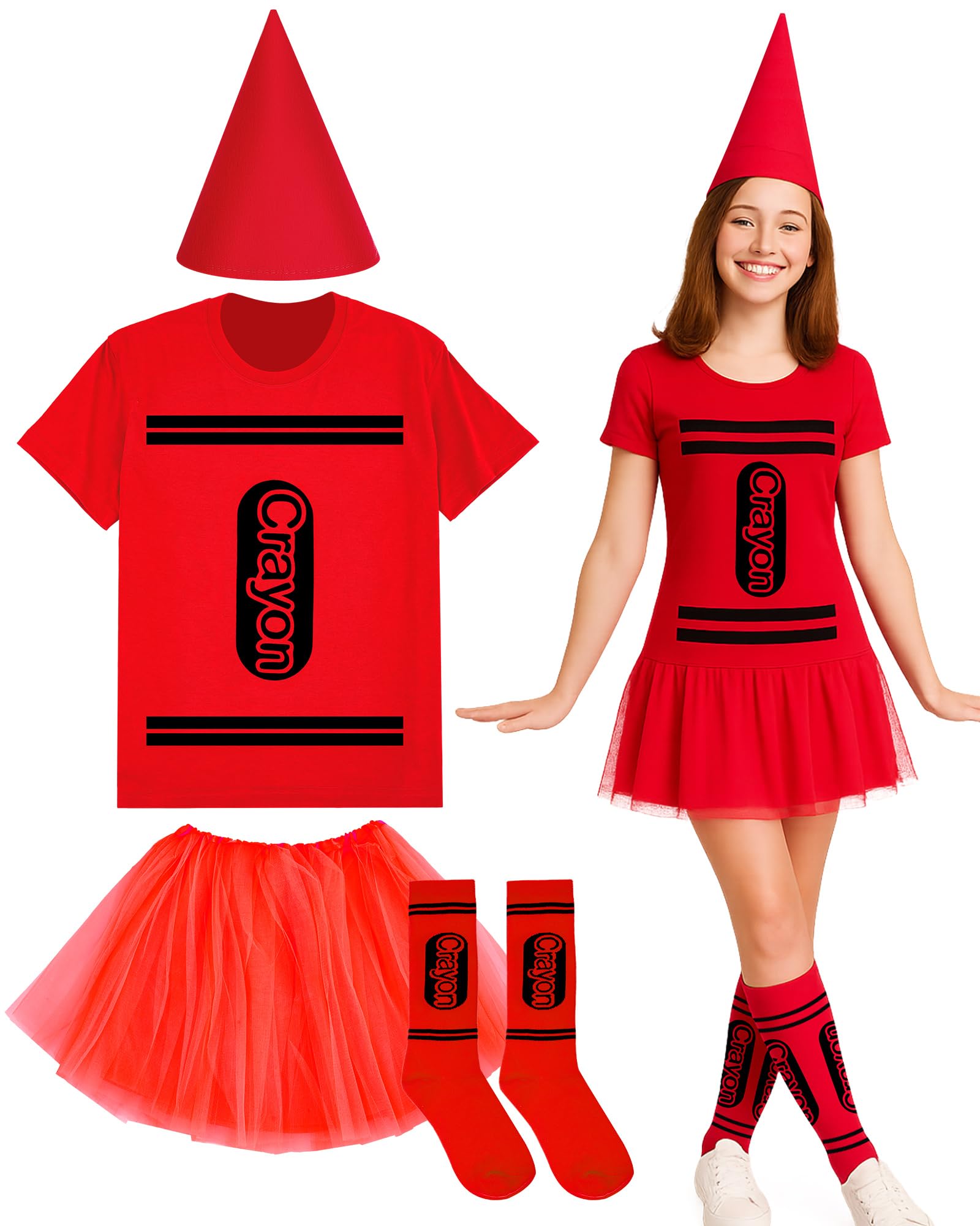 Coume Halloween Crayon Costume Set Crayon T Shirt Tutu Hat Sock Halloween Group Team Funny Shirt Tutu for Women Cosplay, Red, XXL