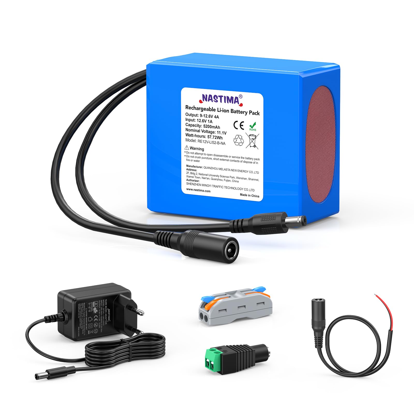 NASTIMA 5200mAh 57,72Wh 12V Batteria Ricaricabile Agli Ioni di Litio Adatta per Fotocamere, Videocamere, Lettori MP3, Telecamere CCTV, Router, Radio, ecc. Include Caricabatterie e Connettore | Adatto per fotocamera, lettore MP3, tastiera elettronica, tele