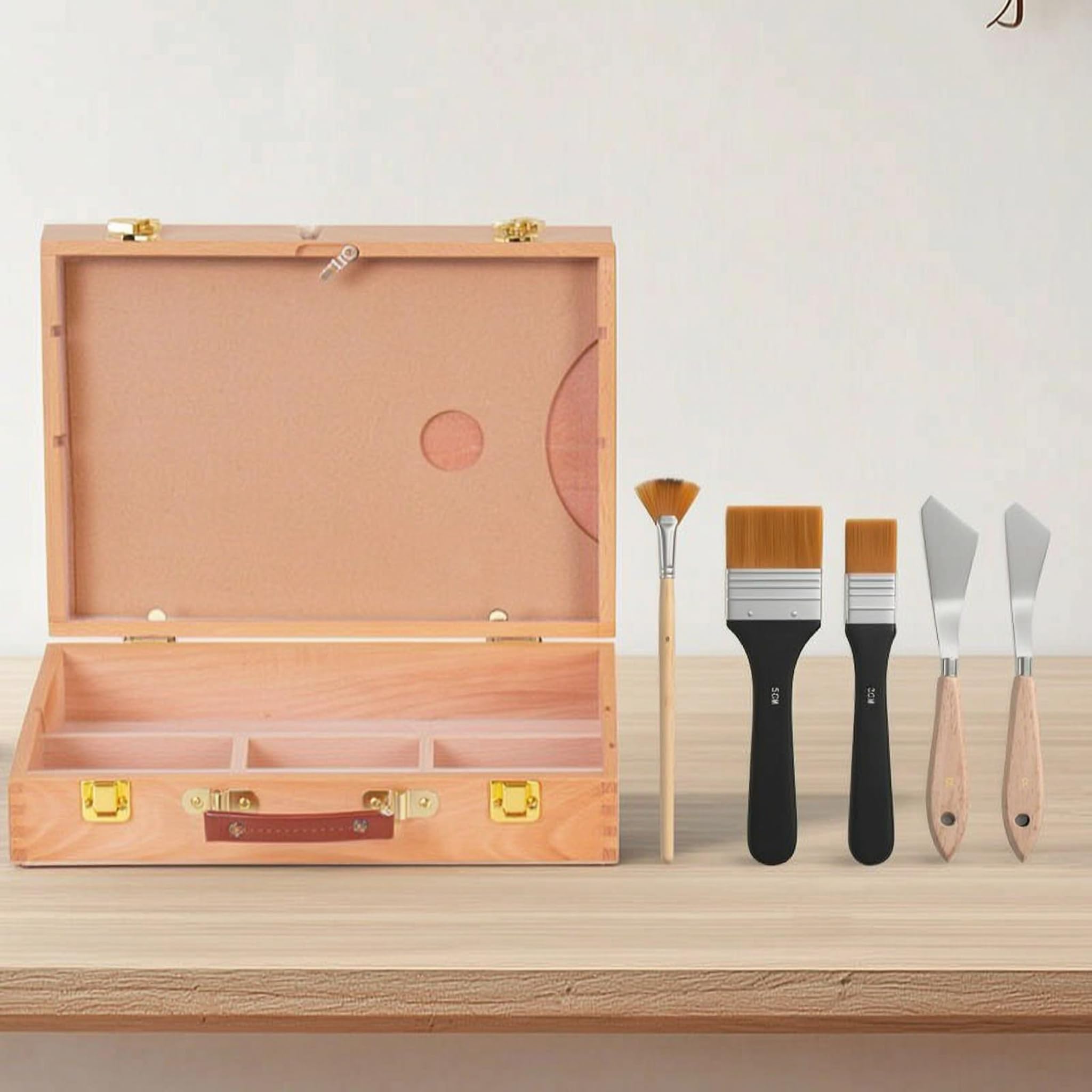 predolo Künstlerbedarf Aufbewahrungsbox aus Holz mit Abnehmbaren Einsätzen für Pinsel Und Spachtel Inklusive 5 Teiligem Set für Malkoffer Und Atelier Zubehör