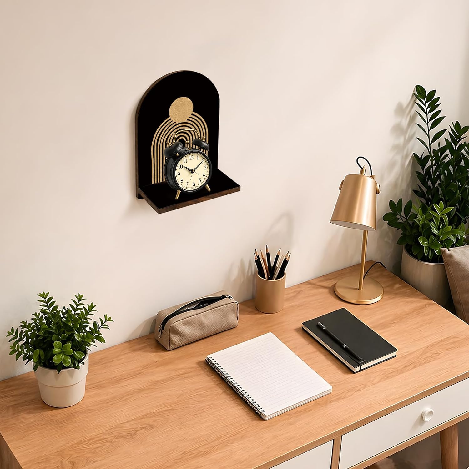 Boho Gold Arched Wall Shelf Decor, Boho Abstract Mid Century Modern Wooden Floating Shelves, Bohemian Minimalist Sun Abstract Hanging Wall Shelves Decor for Bathroom Kitchen, 9.45x7.09In
