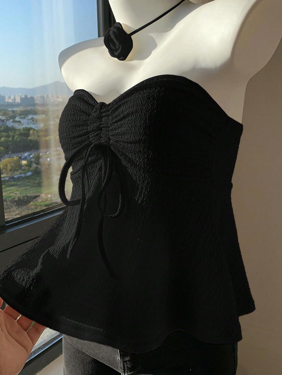 QJQ Women's Strapless Ruched Tube Tops Tie Front Flared Hem Peplum Bandeau Babydoll Tops Summer Vacation Outfits - Image 5