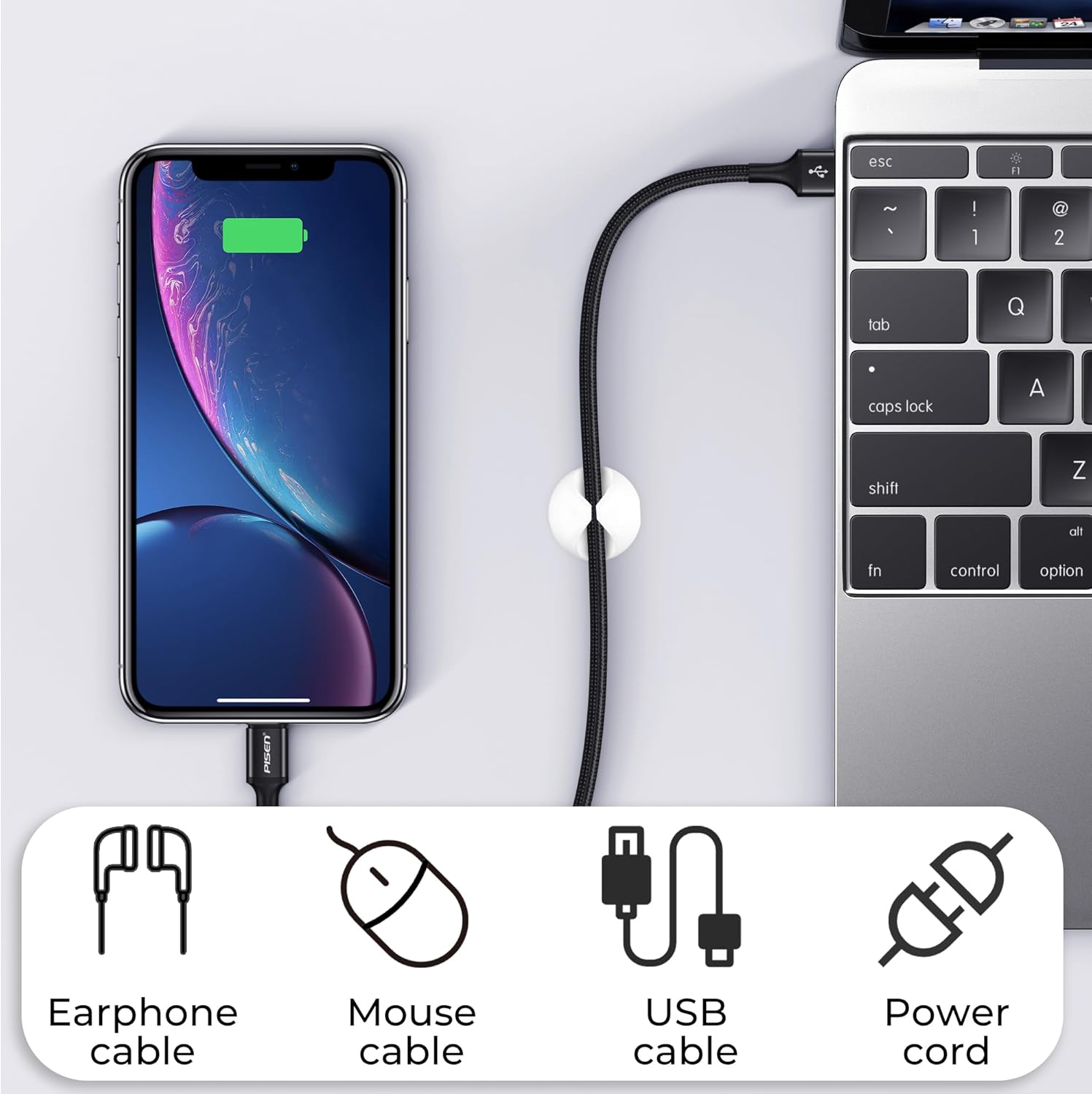 12 Pack White Cable Organizer Clips - Cord Holder for Desk Charger & Nightstand Home Lighting Accessory