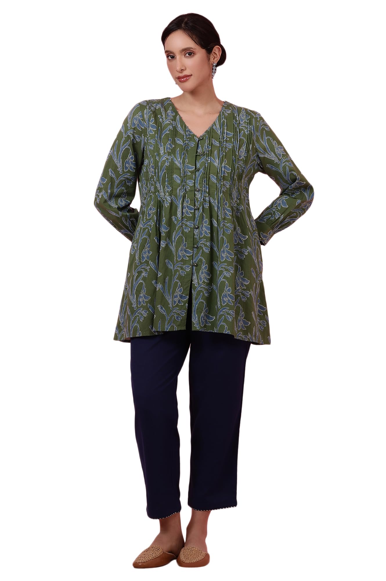 folksong Women's Floral Printed Mirror Work Flared Pure Cotton Top-picture-43