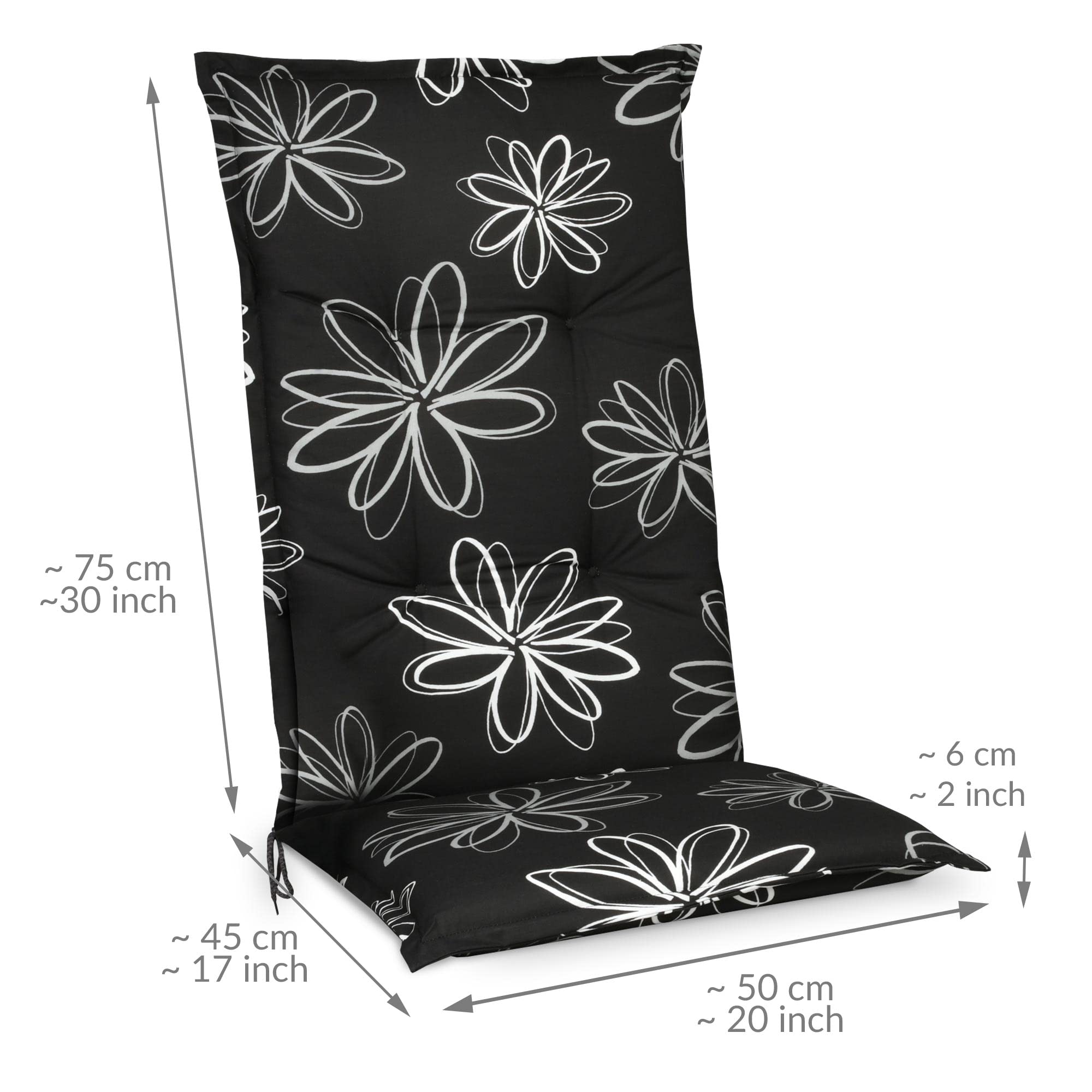 Beautissu 6er Set Hochlehner Auflage für Gartenstuhl UV-Lichtecht Blumen | 120x50cm schwarz mit 6cm Dicke Polster Sitzpolster Gartenstuhlauflage Gartenstuhlauflagen Sitzauflage Flores