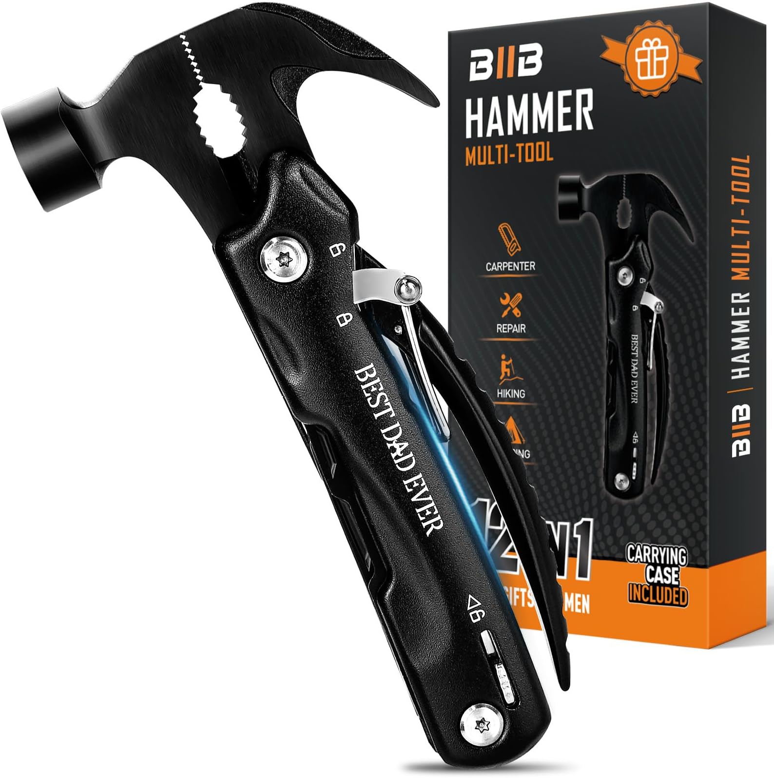 BIIB Gifts for Dad 12-in-1 Multitool Hammer, Camping Essentials | Fathers Day Gifts, Stocking fillers Secret Santa, Camping Heavy Duty, Rustproof Engraved Keepsake, Birthday Men