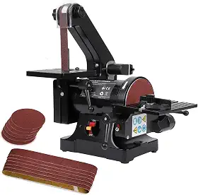 1 lixadeira de cinto de 76 cm com lixadeira de disco de 12 cm, lixadeira de bancada poderosa com motor potente de 2,1 A para marcenaria, (grão 8 x 80, 4 x 100 grãos)