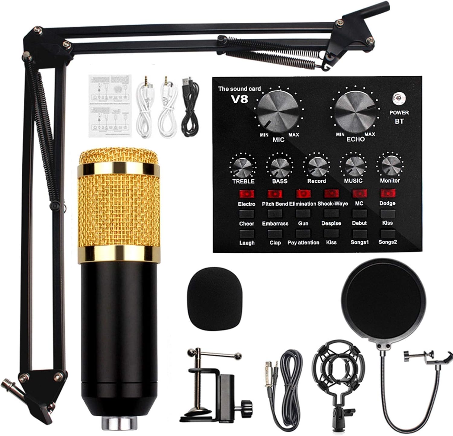 V8 Condenser Microphone Bundle with BM-800 Live Sound Card,Mini Sound Mixer Board with Multiple Sound Effects,Adjustable Mic Suspension Scissor Arm,Metal Shock Mount and Double-Layer Pop Filter