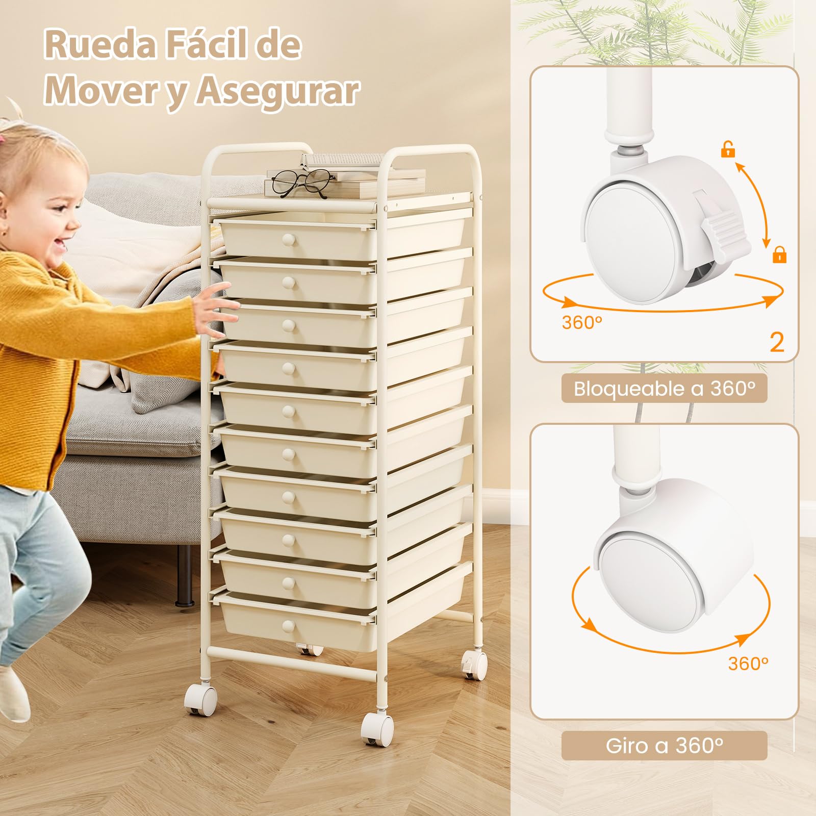 COSTWAY Estantería Baño, Carrito Auxiliar con Ruedas, Organizador Baño con Estructura de Metal, Carro Auxiliar con Cajones de Pástico Extraíbles, para Cocina, Baño, Oficina (10 Cajones, Blanco)