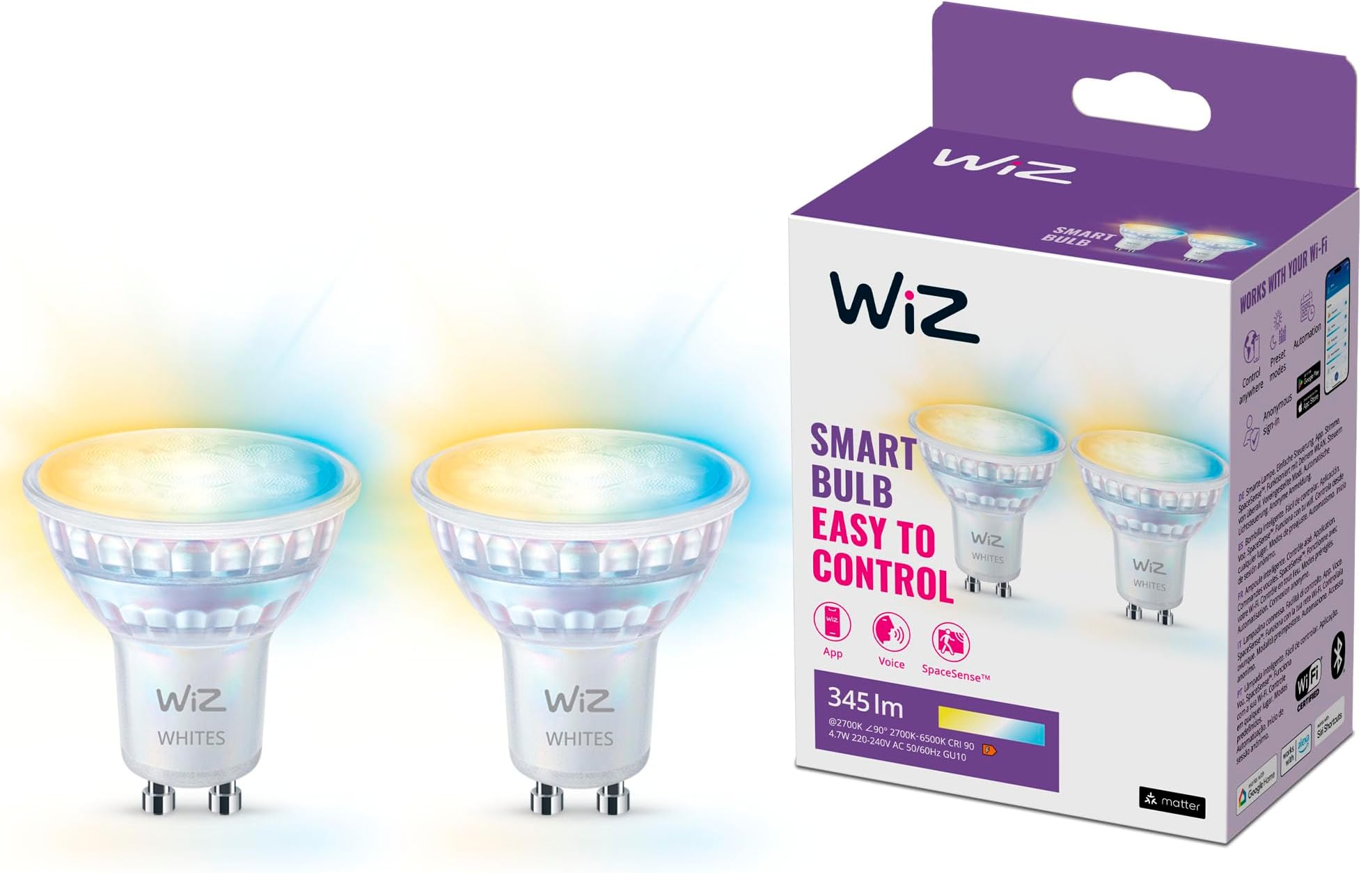 Smart LED Glass Bulb, GU10, 50W, Shades of White, Smart LED Connected WiFi Works with Alexa, Google Assistant & HomeKit, App Control for Home Indoor Lighting, Bedroom, Energy Monitoring, 2 Pack