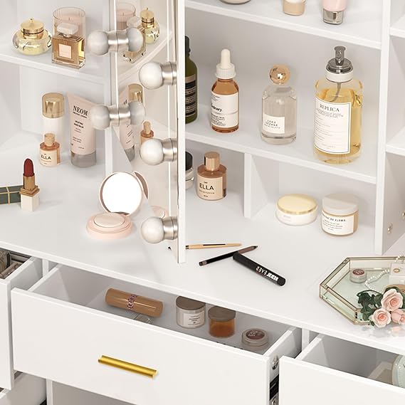 Large Vanity Table, White Vanity Set with Mirror and Lights, 7 Drawers 8 Shelve Makeup Desk with Metal Handles for Girls and Women, White