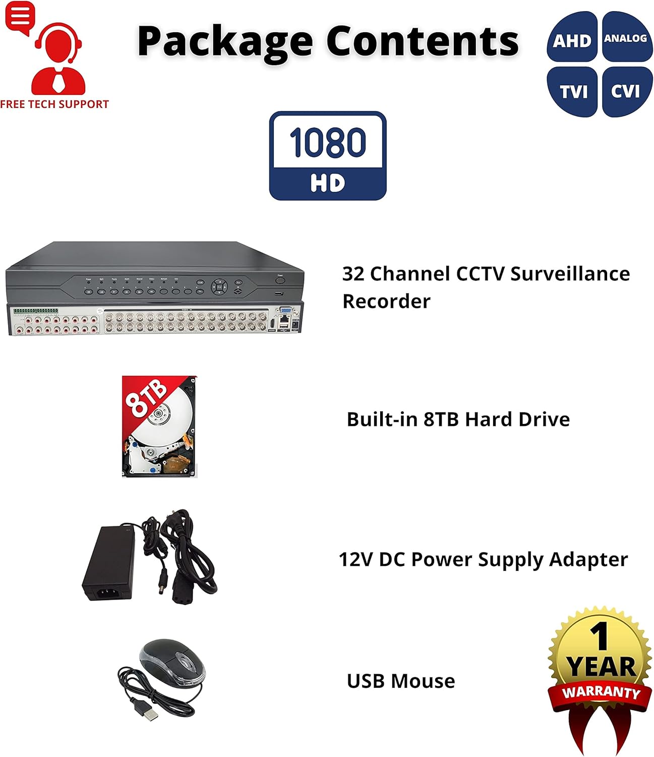 Image showing the contents of the Evertech DVR package: DVR unit, 8TB hard drive, power adapter, and USB mouse.