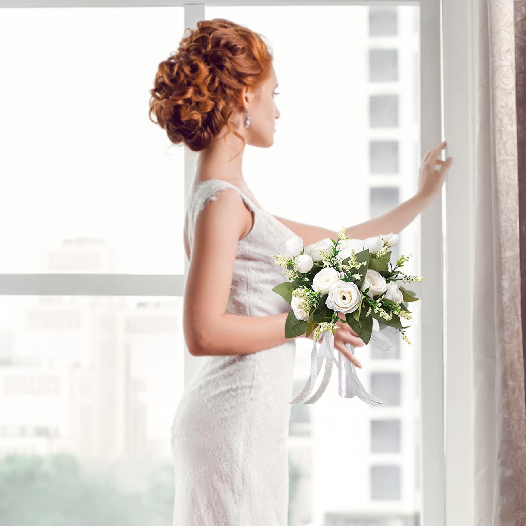 Bouquet de Flores para Novia y Dama de Honor - Ramo Artificial Blanco para Boda, Decoración del Hogar y Suministros de Fiesta