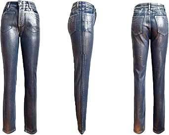 LKOUS Women's Metallic Silver High Waist Stretchy Skinny Jeans Denim Pants