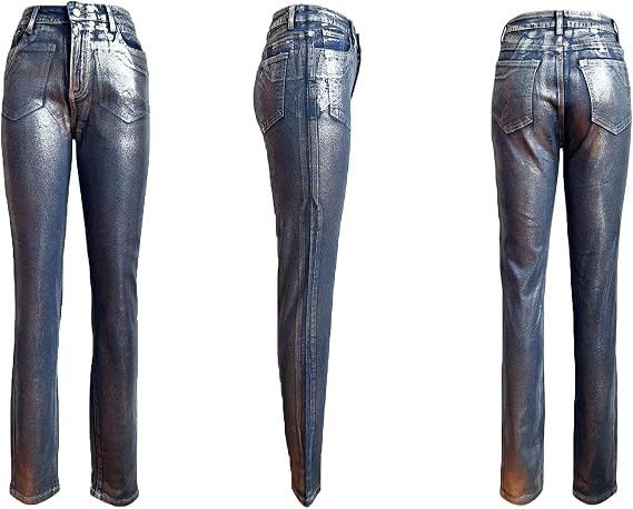 LKOUS Women's Metallic Silver High Waist Stretchy Skinny Jeans Denim Pants