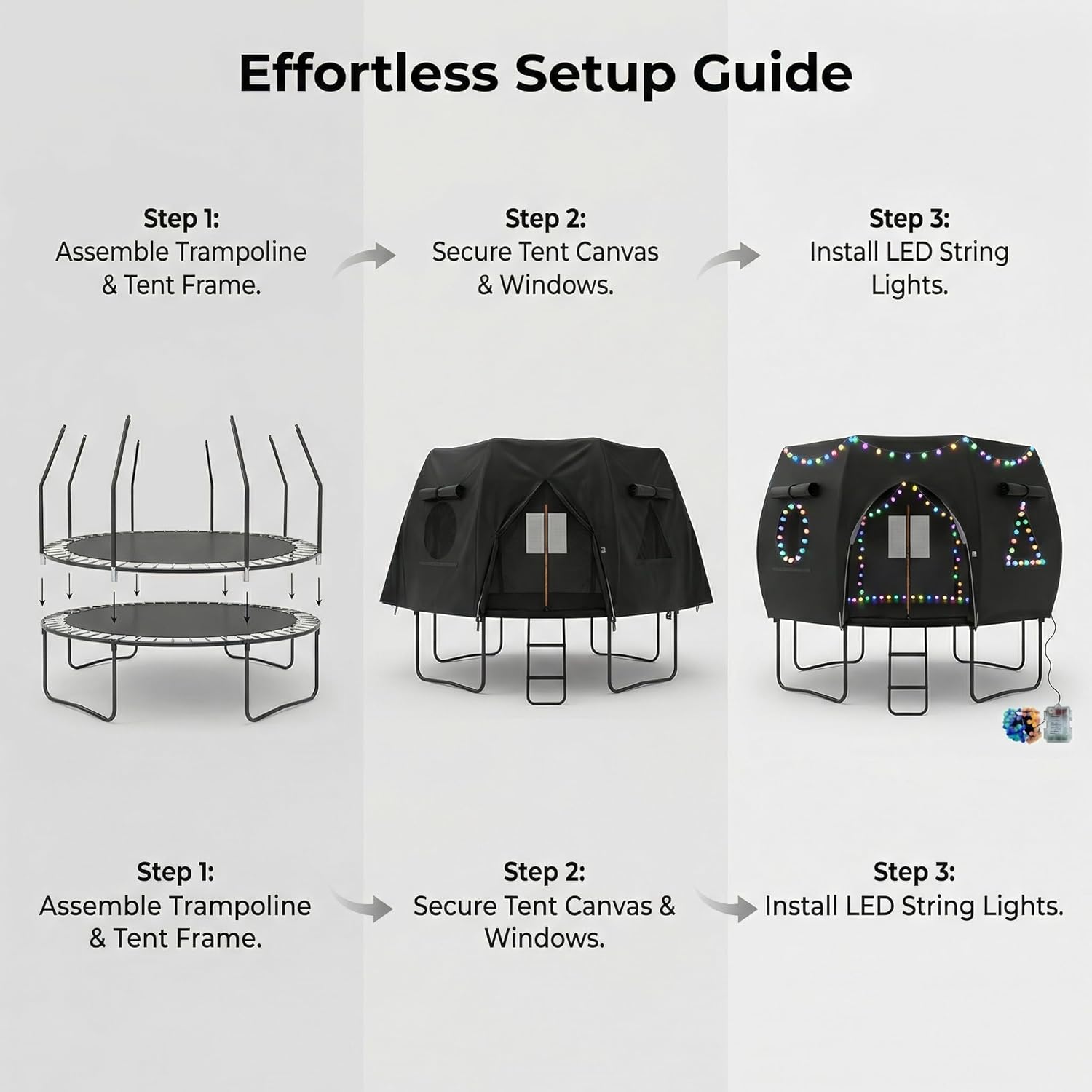 12FT Trampoline Round Tent(Tent ONLY) Fits 12FT Frame 8 Curved Poles with LED Lights, Trampoline Tent Cover Oxford Cloth Trampoline Sunshade Tear-Resistant, Rainproof, Outdoor Camping Suitable - Black