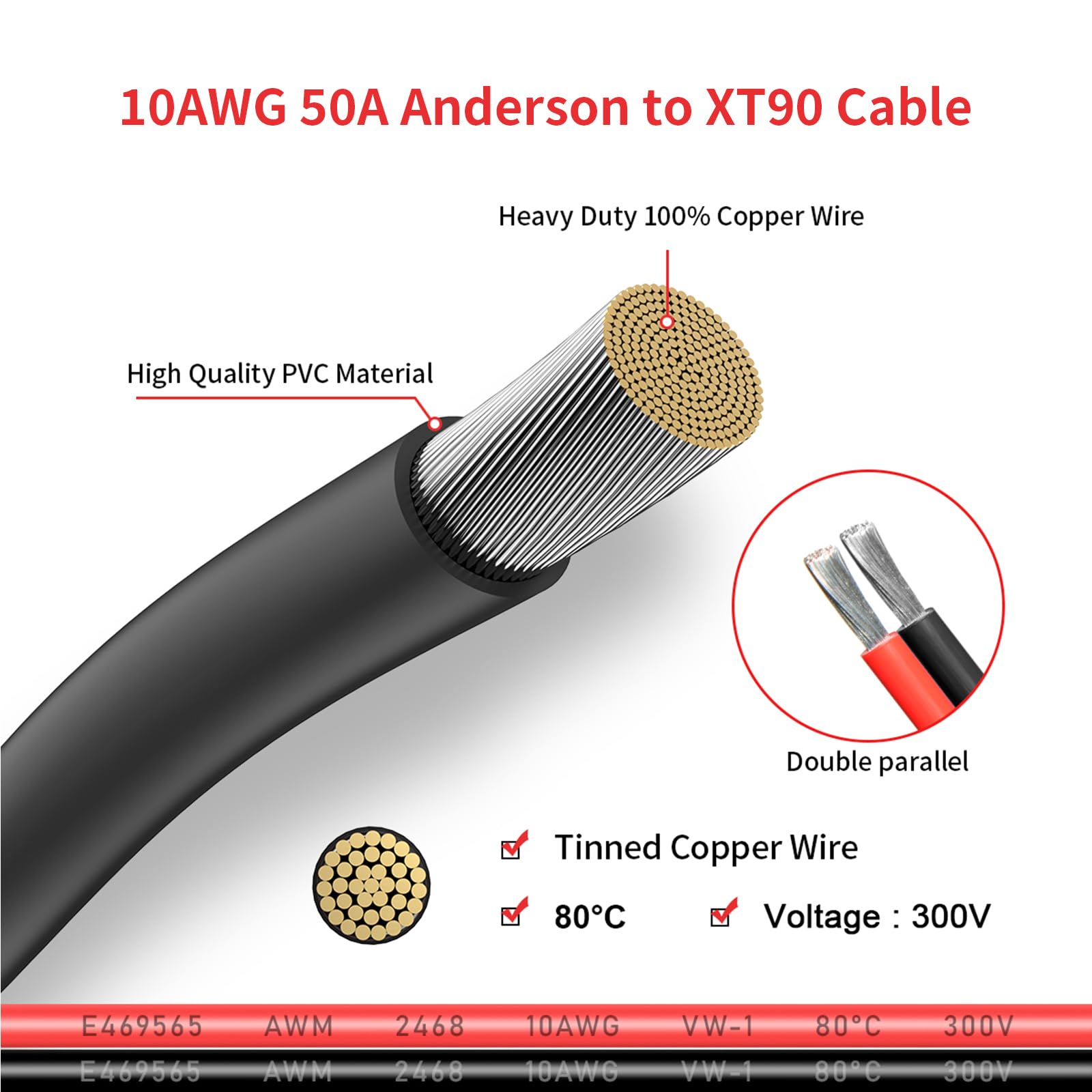 ELFCULB Anderson SB50 Cavo di Collegamento Rapido Batteria/Disconnessione a XT90 Femmina 10AWG Cavo Connettore SB50-XT90 per Trasferimento di Alimentazione Batteria per Carrelli Elevatori (3,05 m)