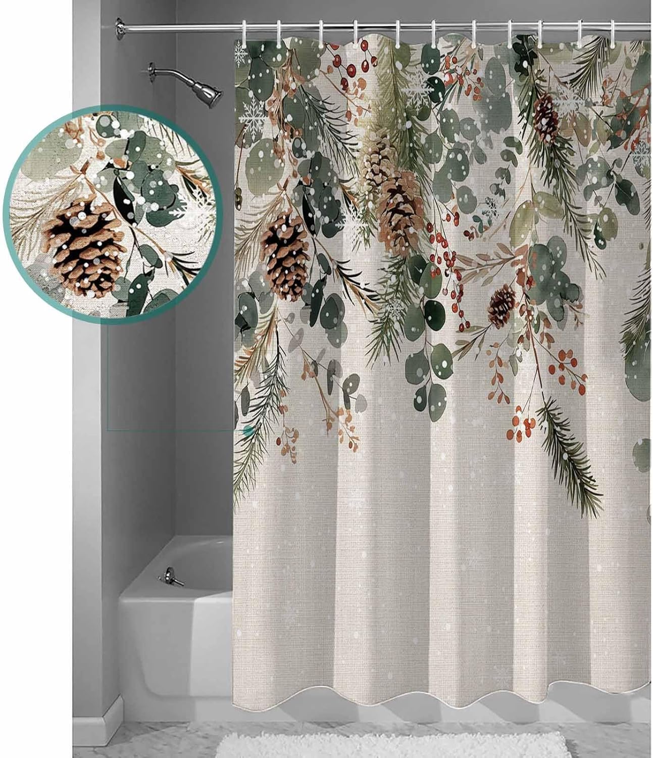 Christmas Bathroom Shower Curtains with 12 Hooks Polyester Waterproof Shower Curtain for Stalls and Bathtubs Winter Eucalyptus Leaves Snow Berry Beige Decorative Bathroom Privacy Curtain 72x72 Inches